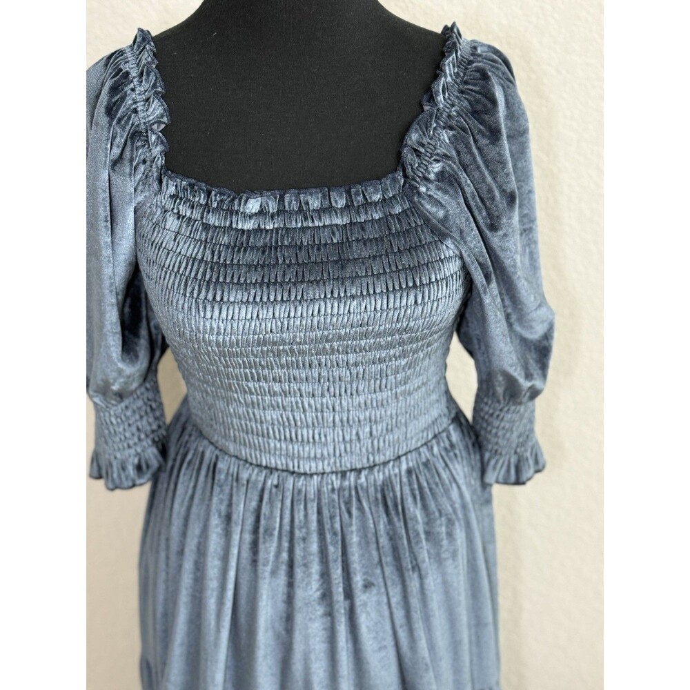 Baltic Born Vivaldi Smocked Velvet Blue Midi‎ Dress M Boho Feminine Cottagecore - Picture 4 of 10